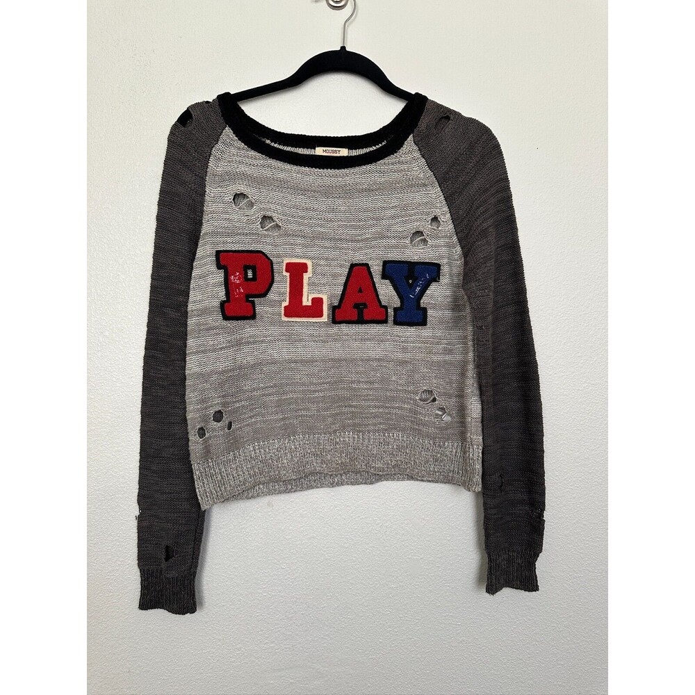Moussy 'PLAY' Felted Distressed Knit Crewneck Sweater Raglan Gray Women's Small
